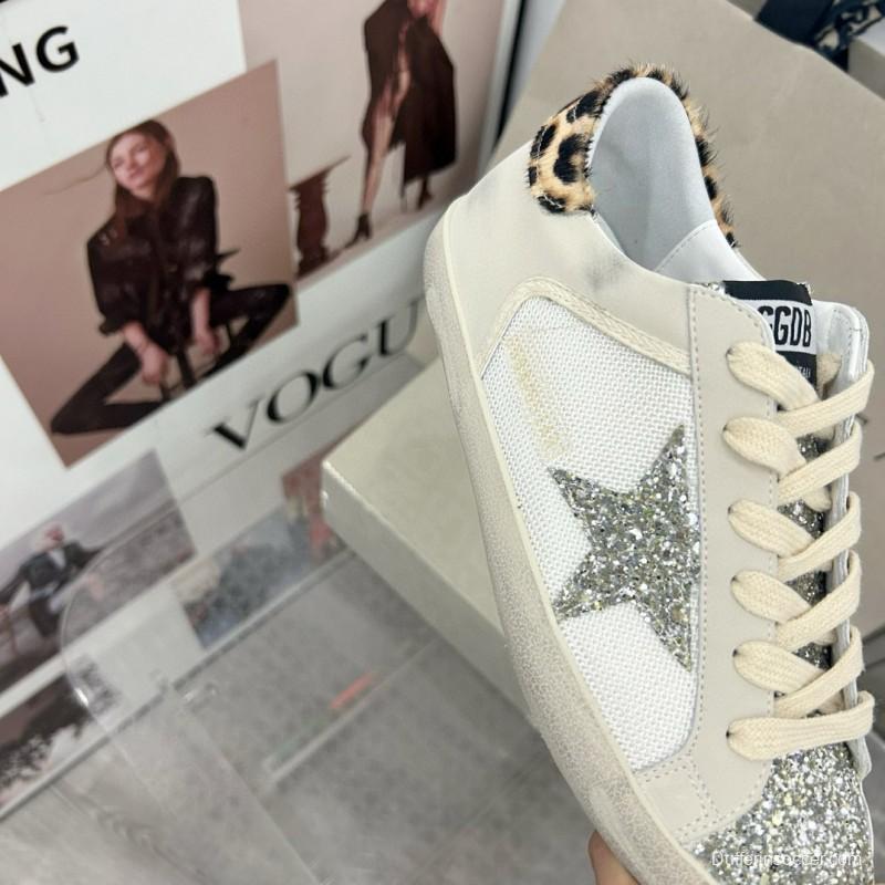 2025 Women GGDB White Silver Leather Glitter Sneakers