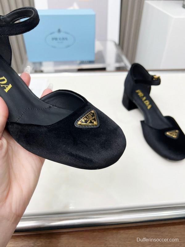 2025 Women Prada Black Velvet Mary Jane Block Heel KFY00270
