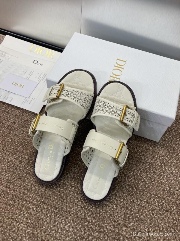 2025 Women Dior White Calfskin Leather Slippers CD Logo Buckle KFY00300