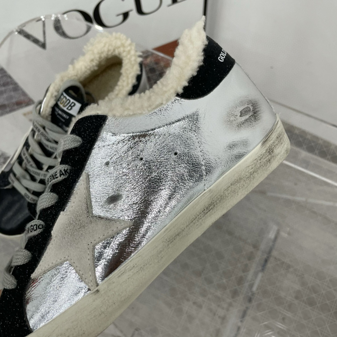 2025 Women GGDB Silver Black Leather Shearling Sneakers