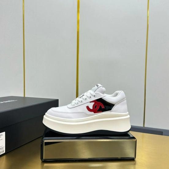 2025 Women Chanel White Black Red Leather Sneakers