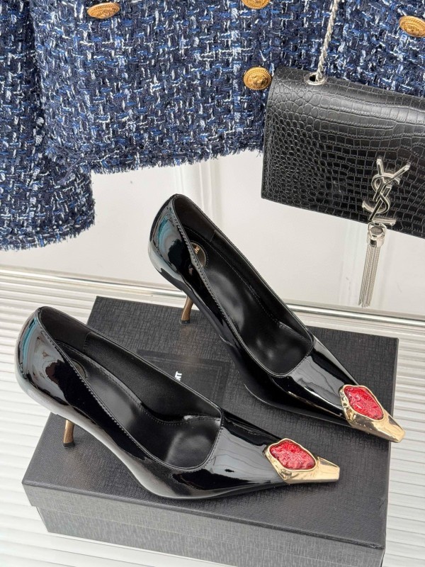 2024 Women Yves Saint Laurent Black Patent Leather High Heel Gemstone MJ00330