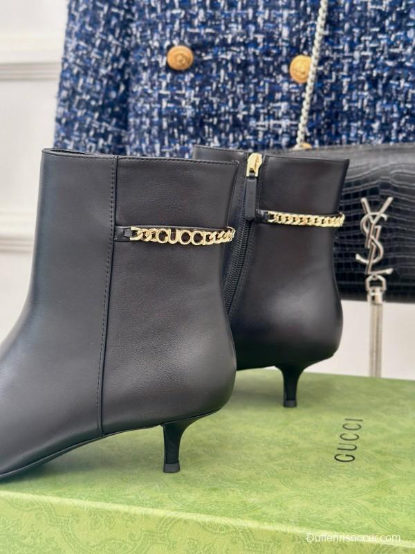 2024 Women Gucci Black Leather Ankle Boots Chain Detail MJ00410