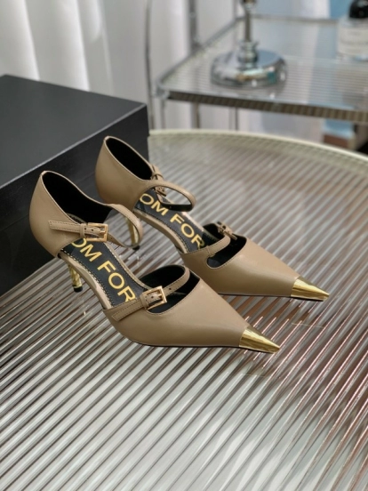 2025 Women TOM FORD Beige Leather Pointed Toe Metal Tip Pumps KFY00320