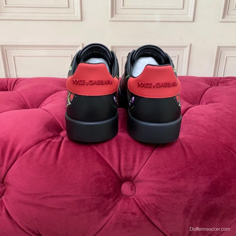 2025 Women Dolce & Gabbana Black Red Leather Sneakers Floral LY00300