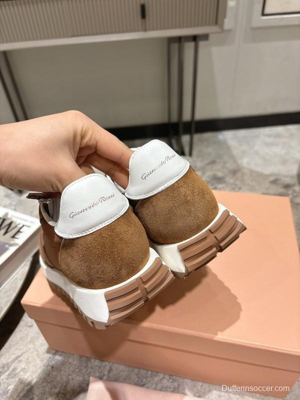 2025 Unisex Gianvito Rossi Brown White Leather Suede Mesh Sneakers KFY00340