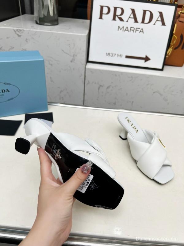 2025 Women Prada White Calf Leather Heeled Slide LY00270