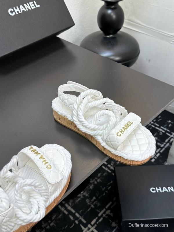 2025 Women Chanel White Leather Roped Espadrille Sandals LY00260
