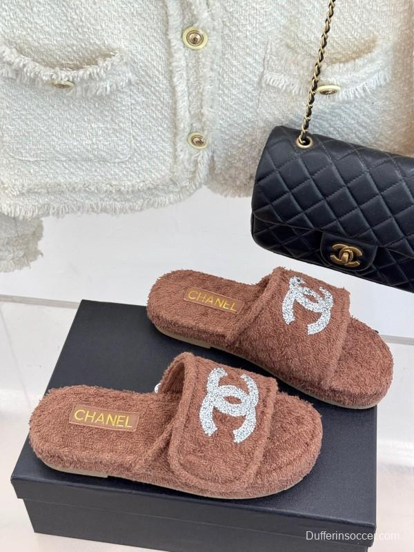 2025 CHANEL Brown Terrycloth Slippers CC Logo KFY00220