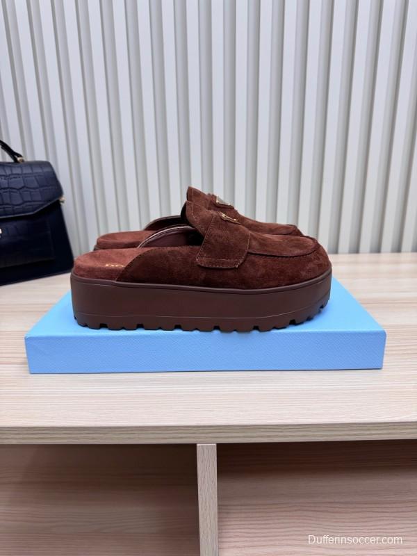 2025 Women Prada Brown Suede Platform Loafers