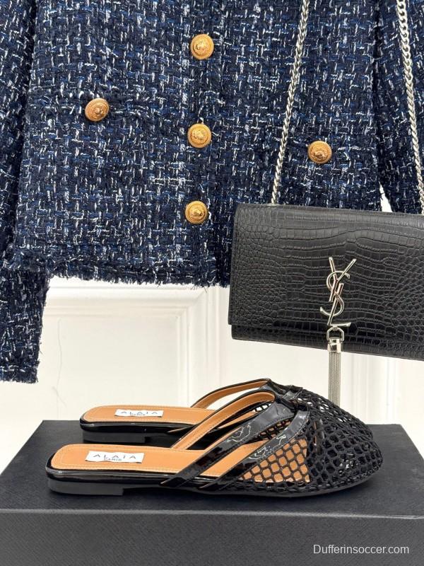 2025 Women AlAIA Black Leather Mesh Flat Mule KFY00260