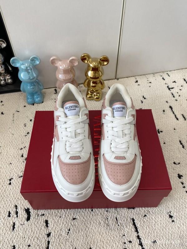 2025 Women Valentino White Pink Leather Sneakers LY00340