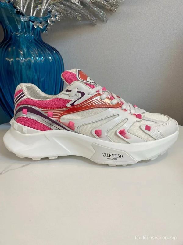 2024 Unisex Valentino White Pink Mesh Leather Sneakers MJ00410