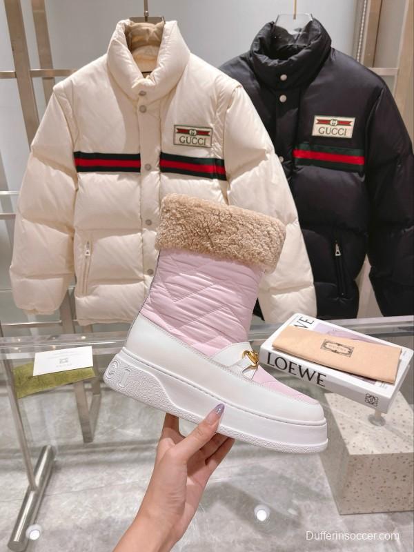 2024 Women Gucci Pink White Leather Shearling Snow Boots