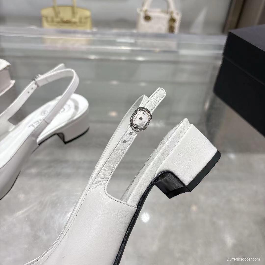 2025 Women Chanel White Black Leather Slingback Heels LY00300