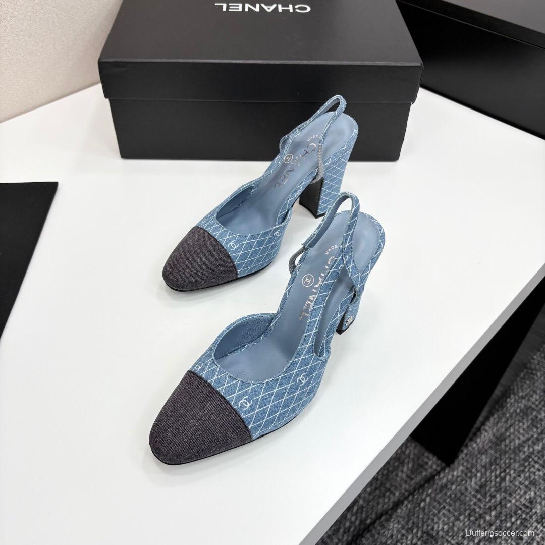 2025 Women Chanel Blue Black Denim Leather Slingback LY00270