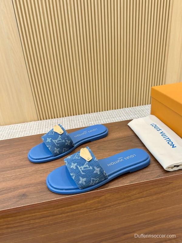 2025 Women Louis Vuitton Blue Denim Leather Slippers LY00200