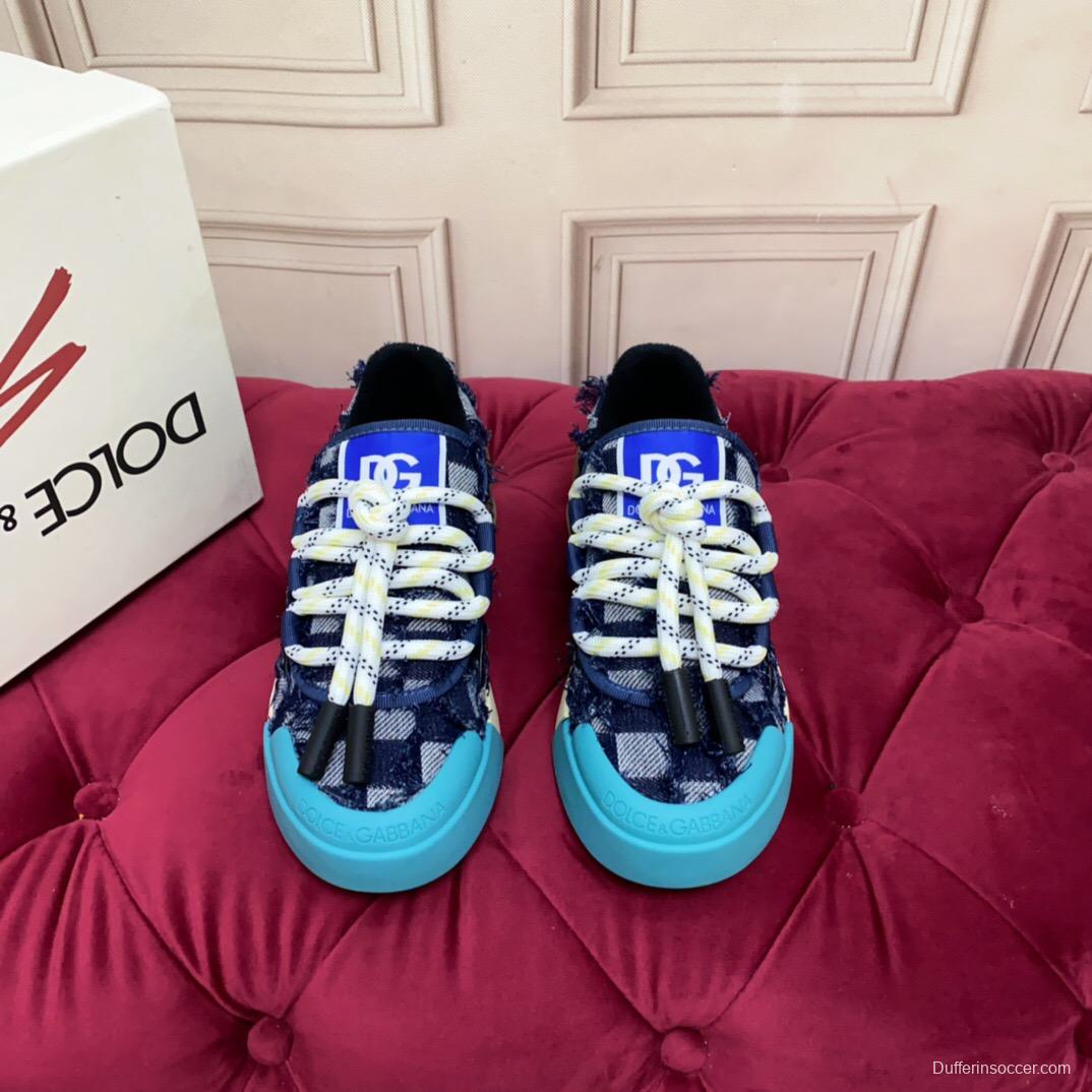 2025 Unisex Dolce & Gabbana Blue White Brown Denim Leather Sneakers