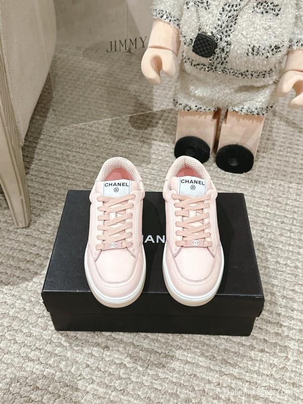 2025 Women Chanel Pink Leather Sneakers