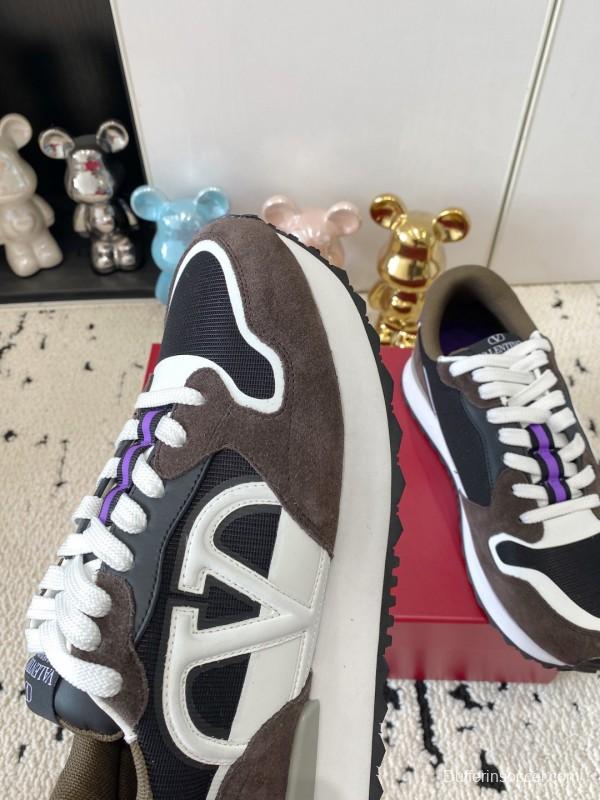 2025 Unisex Valentino Black Brown Purple Suede Leather Mesh Sneakers
