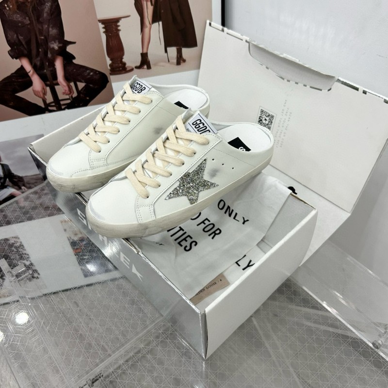 2025 Women GGDB White Silver Leather Suede Star Mules