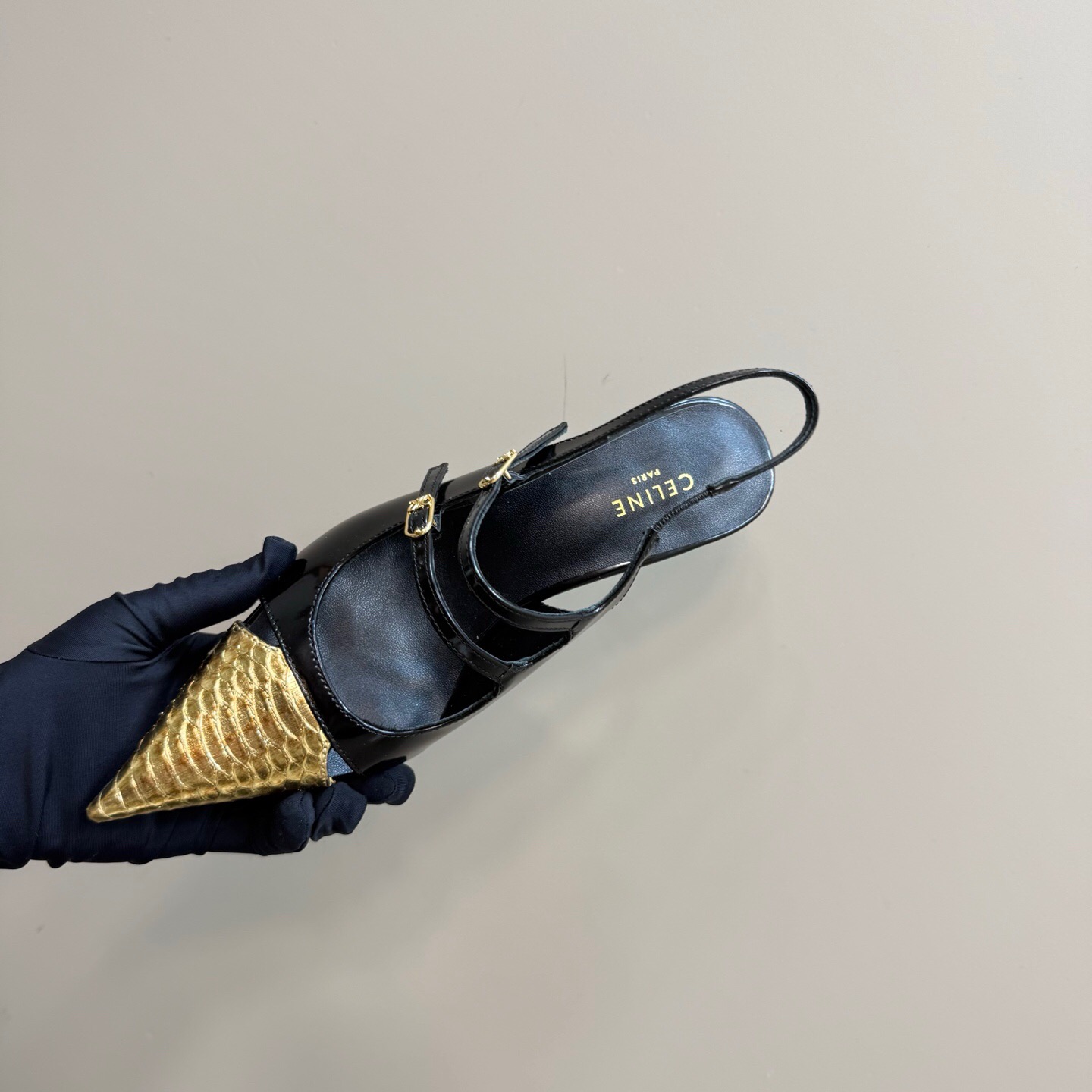 2025 Women CELIN* Black Gold Leather Pointed Toe Slingback Heels