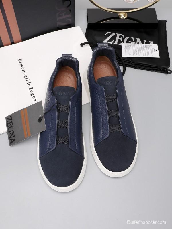 2024 Men Ermenegildo Zegna Navy Blue Leather Suede Low Top Sneakers MJ00240