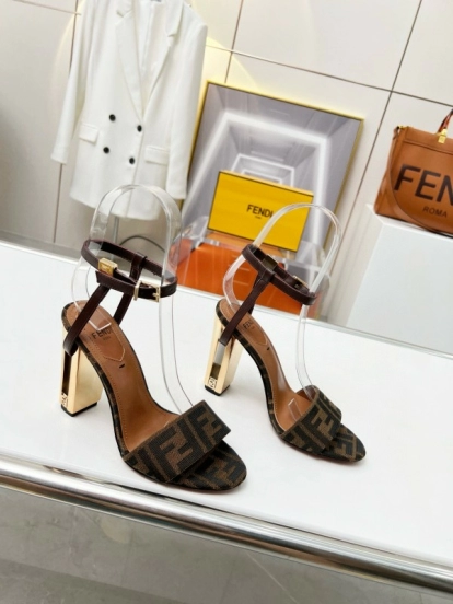 2025 Women Fendi Brown Leather Suede High Heel Sandals