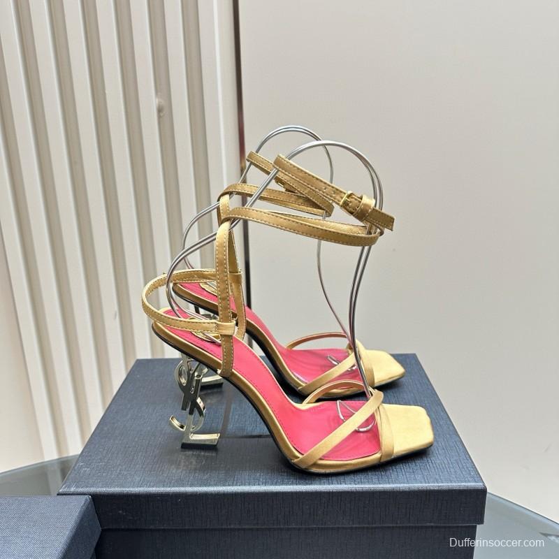 2025 Women Yves Saint Laurent Yellow Silk Strappy Heels