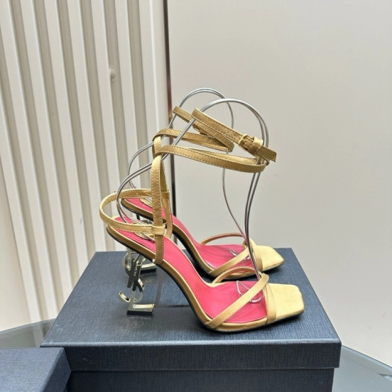 2025 Women Yves Saint Laurent Yellow Silk Strappy Heels