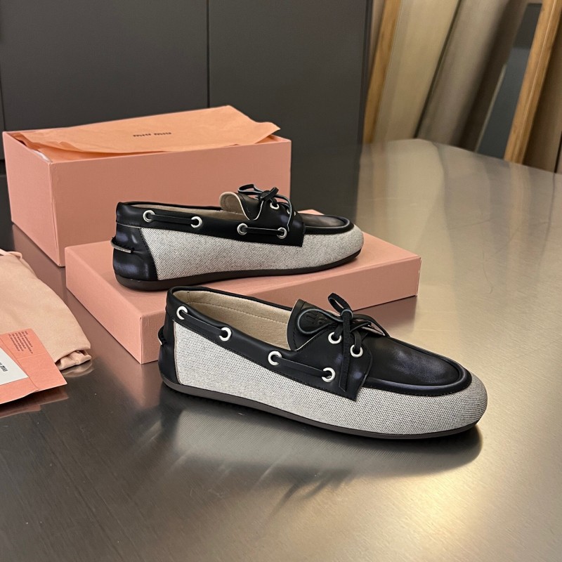 2025 Women Miu Miu Black Beige Leather Fabric Loafers