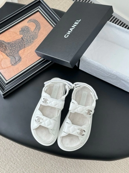 2025 Women Chanel White Leather Sandals LY00320