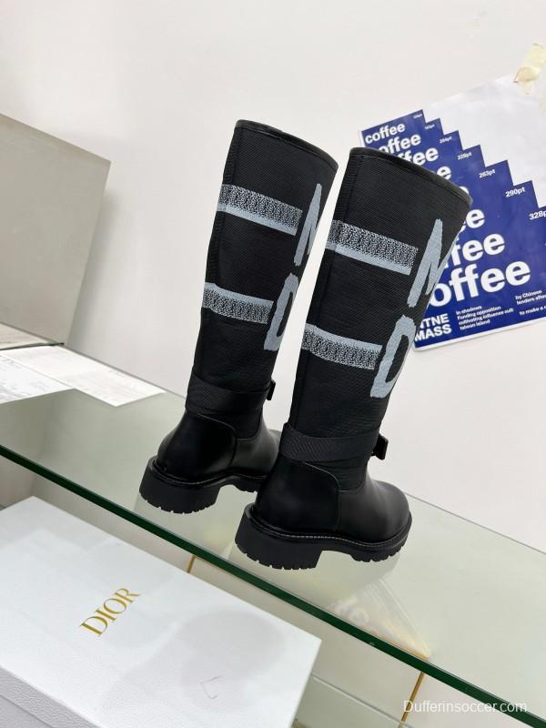 2024 Women Dior black leather knit fabric boots MJ00350