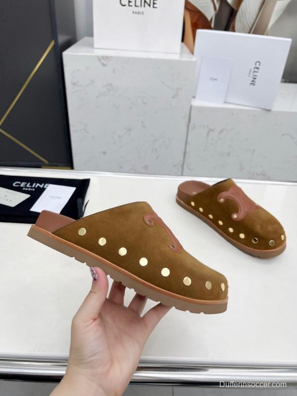 2025 Slippers Celine Brown Pink Suede Leather Studded LY00240