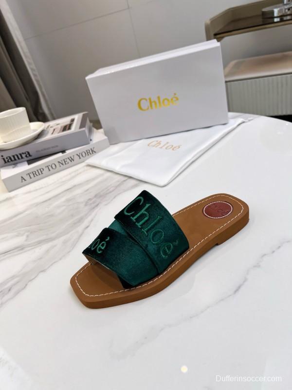 2025 Women Chloé Green Velvet Slippers