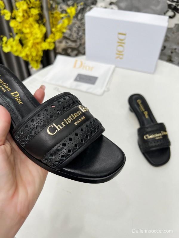 2025 Women Dior Black Leather Slippers LY00250