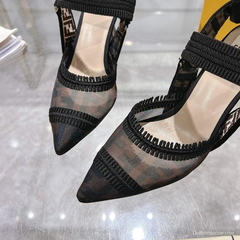 2025 Women Fendi Black Beige Mesh Leather Heels MJ00280