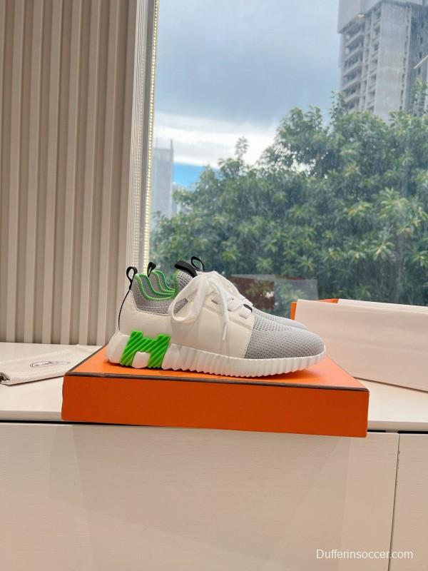 2024 Unisex Hermès White Green Calfskin Suede Sneakers MJ00290