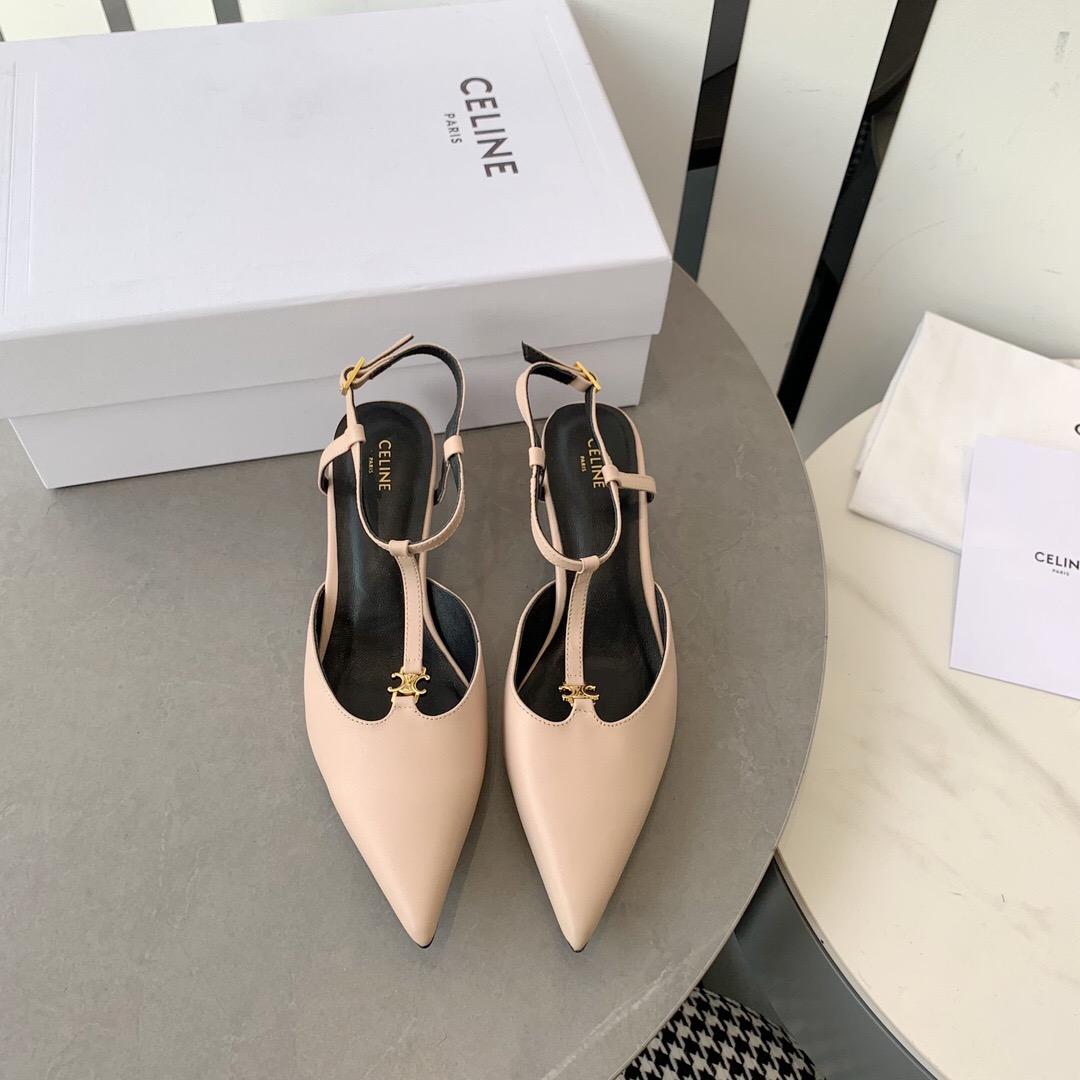 2025 Women Celine Beige Calfskin T-Strap Pumps