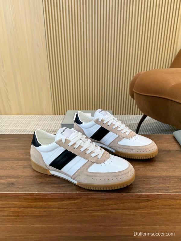 2025 Unisex TOM FORD White Black Beige Leather Suede Sneakers LY00360