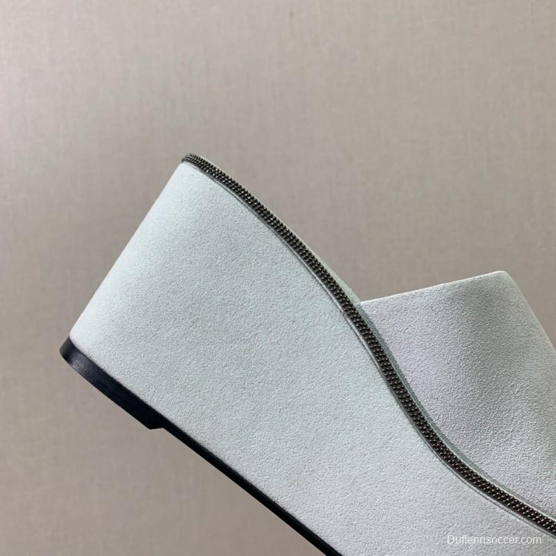 2025 Women BRUNELLO CUCINELLI White Suede Platform Slide Sandals Casual Craftsmanship LY00360(F)