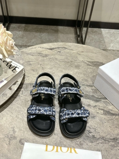 2025 Women Dior Black Blue White Fabric Leather Sandals KFY00300