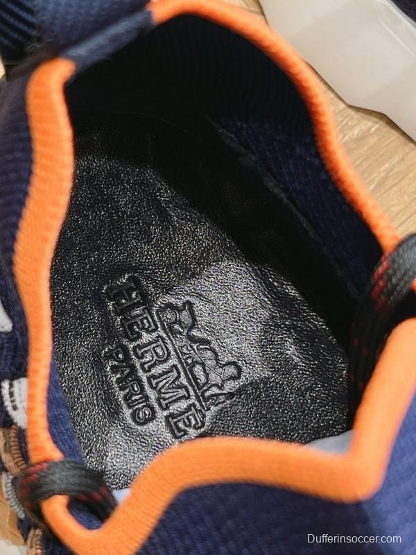 2024 Unisex Hermès Navy Orange Knit Leather Sneakers