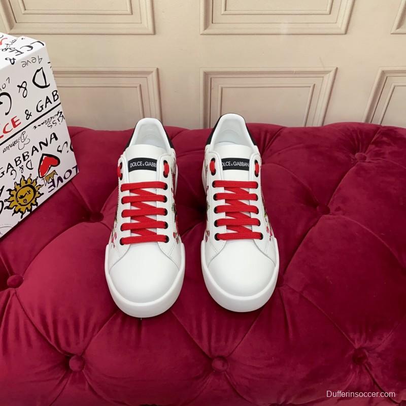 2025 Women Dolce & Gabbana White Red Leather Sneakers Floral LY00300