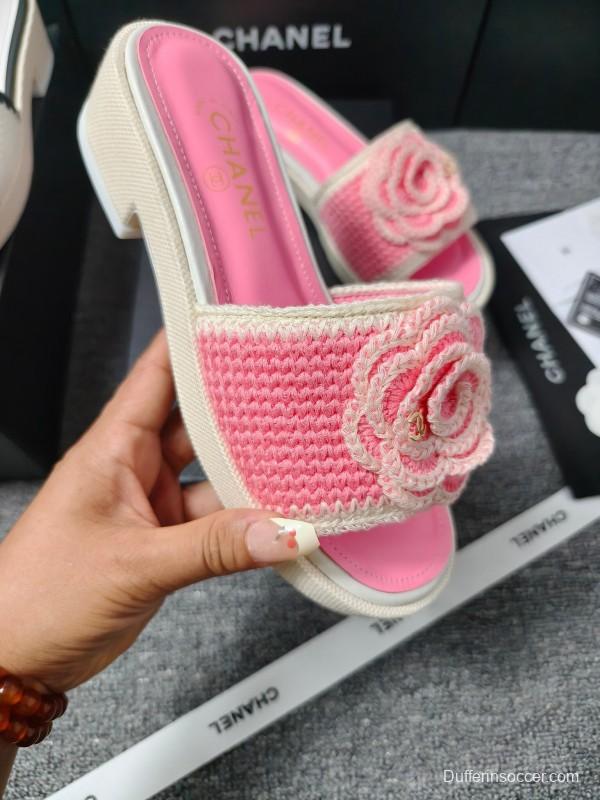 2025 Slippers Chanel Pink Straw Slide Floral LY00360
