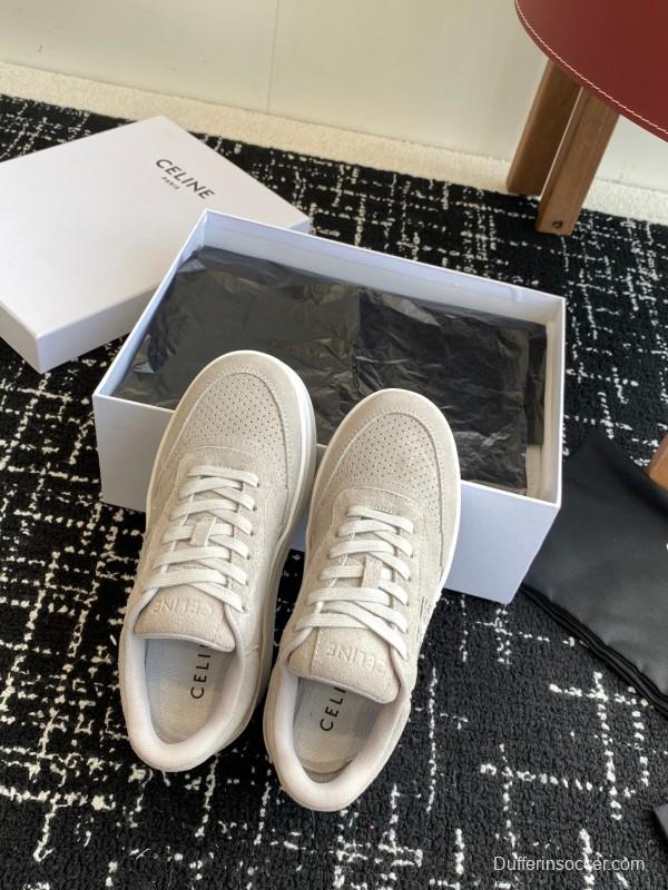 2025 Women Celine Beige Suede Platform Sneakers CELINE Embroidery