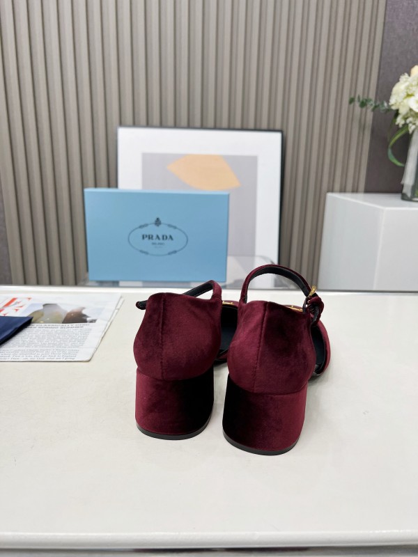 2025 Women Prada Burgundy Velvet Mary Jane Buckle KFY00270