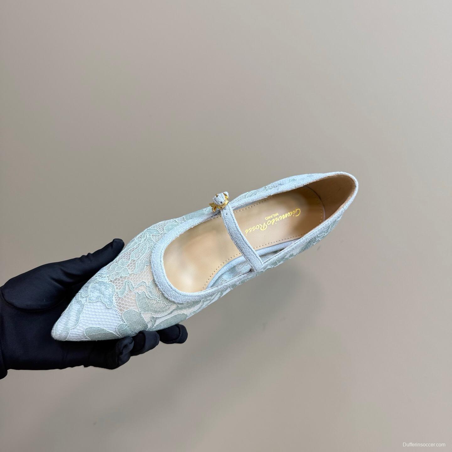 2025 Women Gianvito Rossi Light Blue Lace Leather Mary Jane KFY00260