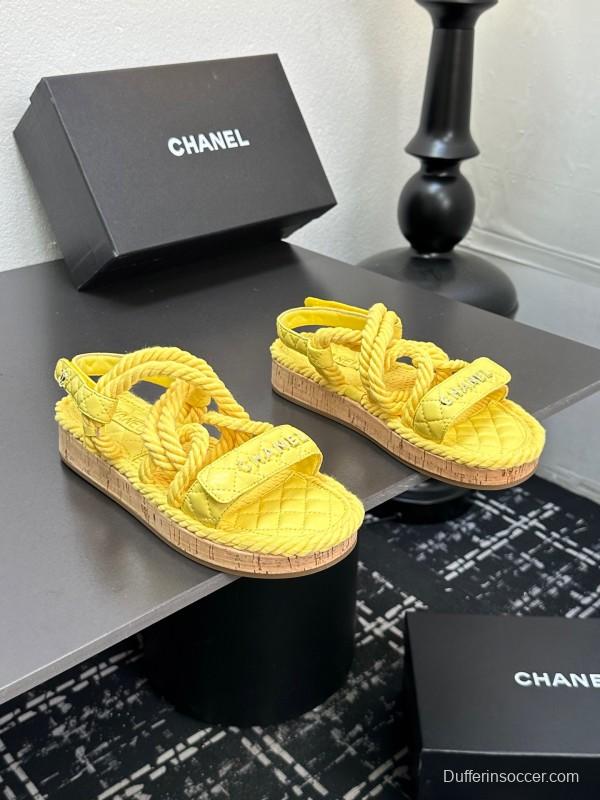 2025 Slippers Chanel Yellow Rope Cork Sole Sandals LY00260