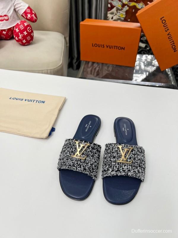 2025 Women Louis Vuitton Navy Tweed Leather Slippers LY00210
